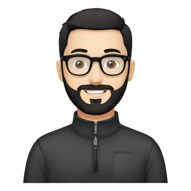 Fair-skinned man with very short buzzed black hair, short distinctly salt and pepper beard, large black-framed glasses, smiling, wearing black long sleeve quarter-zip shirt with visible zipper at collar sticker