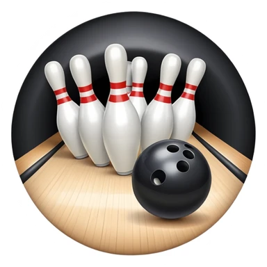 A bowling ball rolling down the lane towards a set of pins, with the pins poised to fall. The scene is set in a bowling alley with bright lights and a polished wooden floor, capturing the excitement and precision of the sport. sticker