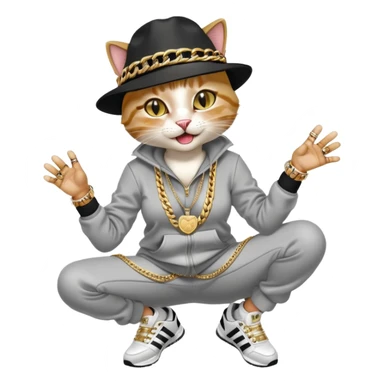 female cat wearing Run DMC hip-hop outfit with tracksuit, fedora, Adidas sneakers, many gold chains, rings, bracelets, flashy earrings, laughing and looking up, no sunglasses sticker