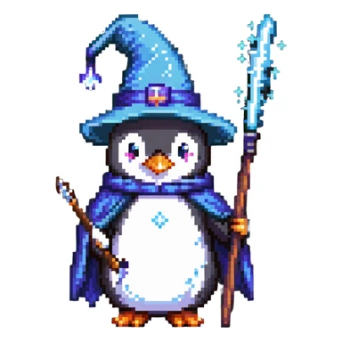 penguin wearing wizard hat and robe holding a magic wand sticker