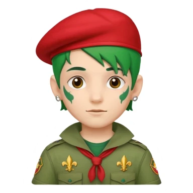 scout boy face tatooes green haired, wearing red uniform with hat sticker