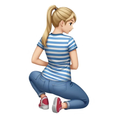 young woman with ponytail wearing jeans and striped t-shirt kneeling viewed from behind sticker