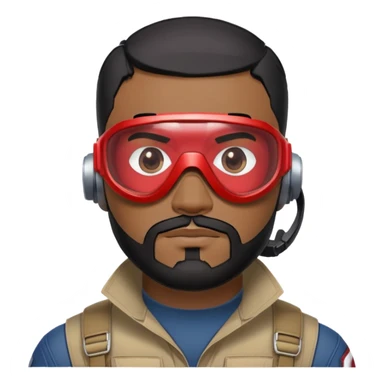 sam wilson have a short, neatly cropped black hair. It is evenly trimmed and close to the scalp, maintaining a clean and military-inspired and  a well-groomed beard that connects to his mustache,  wear sleek, red-tinted tactical goggles fit snugly from captain america: civil war sticker