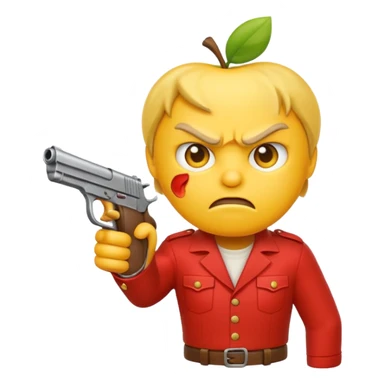 Create a classic yellow angry emoji holding a gun in hand, in the style of Apple emojis, with no background. sticker