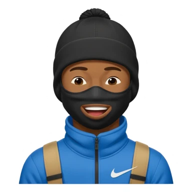 black guy with nike ski mask on squinching his face trying to hold his laugh with his eyes closed sticker