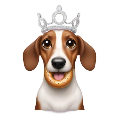 a confused sausage dog with a tiara eating a bagel sticker
