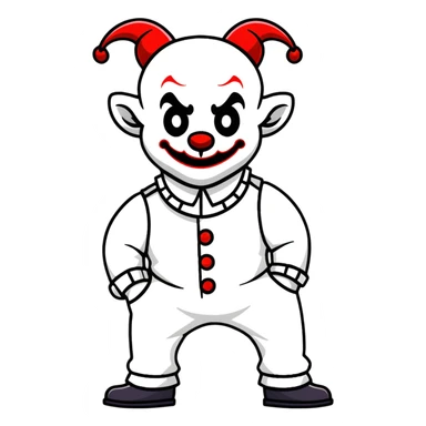 full-body demonic clown in a white leisure suit with bellbottom pants, bald, with black ram horns sticker