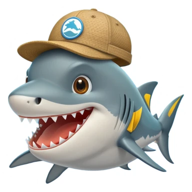 Un tiburón con aspecto gruñón pero con una sonrisa, que tenga una gorra de la marca barbas hats hacia atrás sticker