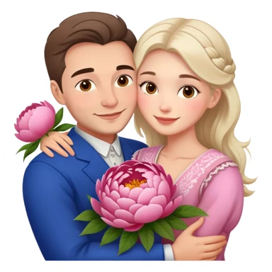 couple hug with warm smiles Ukrainian girl and russian man elegant peonies  sticker