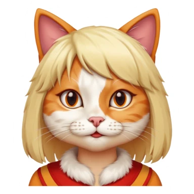 A cat with a wig on and red human nails sticker