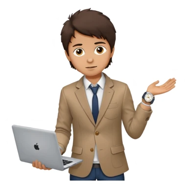 a tan boy with messy dark brown hair. Wearing a blazer and carrying a lapotop. watch on wrist sticker