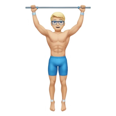 Generate an emoji-style illustration of a muscular blonde young man with blue eyes and transparent glasses, hanging from a pull-up bar. Show his full body from head to toe. Clean, modern emoji design with vibrant colors and simple background. sticker