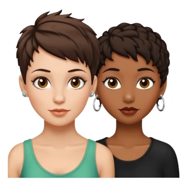 white woman brunette with a pixie hairstyle and black woman with locks and a piercing on the nose sticker