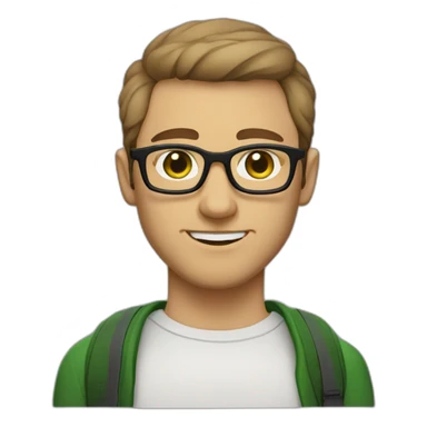 geek man with short haircut, green eyes color with armenian traits, short beard, white regular skin color and glasses sticker