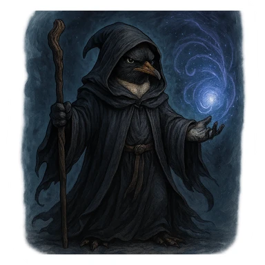 serious penguin wizard in a robe, casting a spell, mystical background, detailed illustration sticker