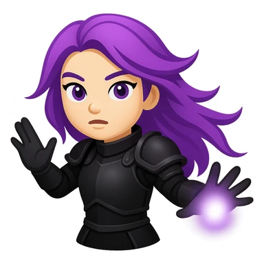 Create an emoji style image of a mysterious warrior girl with flowing purple hair and black armor with arms outstretched as if casting a spell. Keep the style and colors consistent with the reference image. No background. sticker