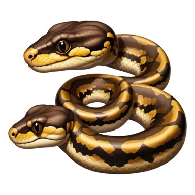 A photo-realistic digital illustration of a Ball Python, large headshot portrait. The snake has a short, rounded snout and smooth, soft contours, with a gentle, inquisitive expression that gives it a slightly playful charm. Its head is warm brown with bold, irregular dark markings. sticker