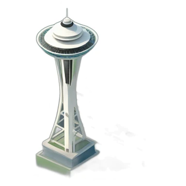 Simplified Seattle space needle, bold, 3d, cartoon style, 🗽, iconic, exaggerated proportions, landmark sticker