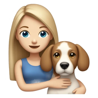 A girl with white skin, light brown hair and blue eyes holding her dog, a small Maltaneese sticker