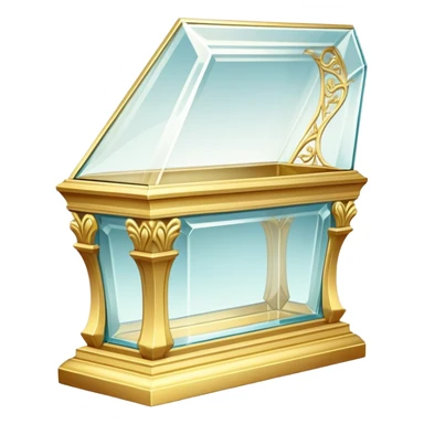 A delicate glass coffin with golden trim, resting on an ornate pedestal. Soft light reflects off the glass, adding an ethereal, fairy-tale glow sticker
