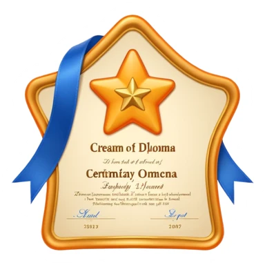 Create a glossy 3D certificate emoji with a cream diploma, rounded corners, a blue ribbon seal, orange tails, and an embossed star. sticker