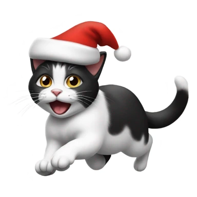 Running black and white cat wearing a Santa hat  sticker