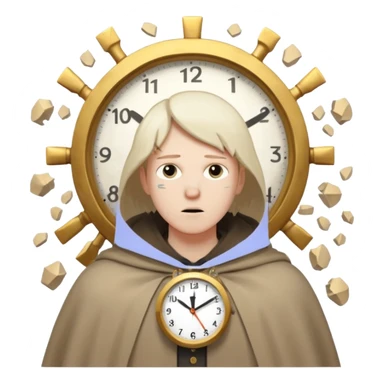 Character standing calm while clock fragments explode past, cloak barely moving sticker