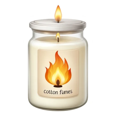aesthetic emoji of a creamy white candle in a matte glass jar with the label “cotton”, three small flames burning evenly, soft cozy lighting, minimal elegant vector style, transparent background sticker