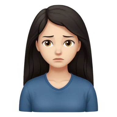 "Cartoon emoji of a woman with long, loose dark hair, wearing plain, simple clothes. Full-height, standing, nervous, unsure, worried expression. Slightly hunched, anxious posture. Smooth, simple, stylized."Eyes looking down or away, avoiding direct contact sticker