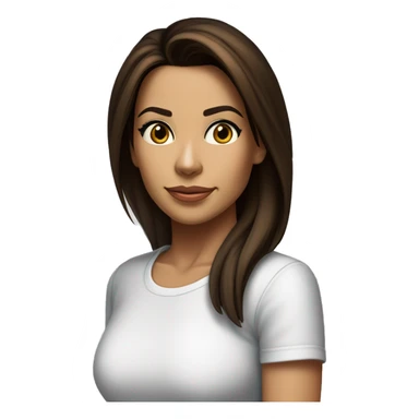 3/4 face, contrasted, shadow, light, Eva Longoria expression, standing from a distance, thin nose, brunette woman, hazel eyes, long eyelashes, dark shoulder shaded hair, white t-shirt, jeans, white sneakers sticker