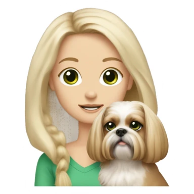 Girl with long blonde hair and green eyes and freckles holding an all beige shih tzu dog  sticker