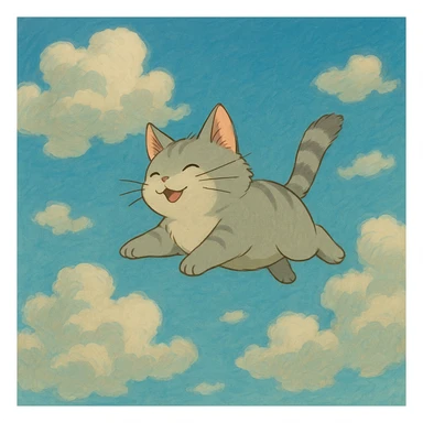 whimsical flying cat with clouds, ghibli style sticker