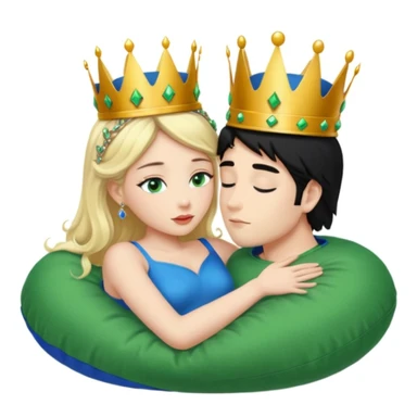 Blonde Queen with crown, Green eyes, naked, kissing man, naked, no crown, black hair, blue eyes, whole Body, Background Green pillow sticker