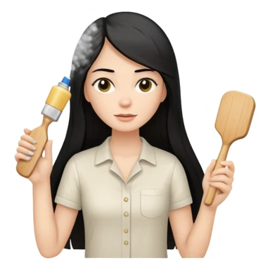 A white woman with long, straight black hair, wearing an ivory-colored shirt, holding a small square wooden paddle hairbrush in her left hand and spraying a hair mist bottle with her right hand toward her hair. sticker