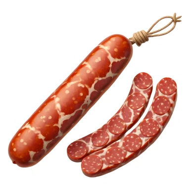 whole dry-cured sausage with rustic white-mottled casing tied with natural string sliced end showing dense marbled interior of red meat and white fat with a few round slices beside showing glossy speckled texture and slightly irregular edges soft lighting subtle shadows emoji scale sticker