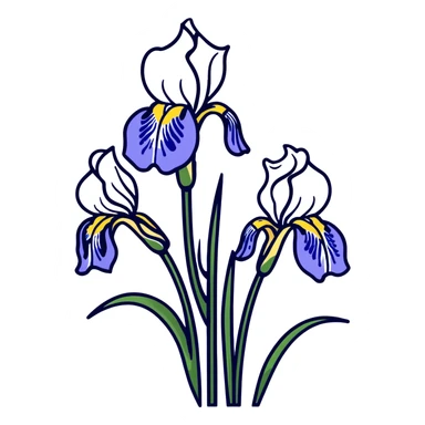 Elegant blue iris flower showing characteristic iris form with three drooping falls and three upright standards, with decorative long leaves sticker