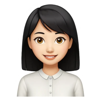 30 yr old asian woman center parted hair big eyes big smile tanned skin straight black hair hippie part hair white blouse shoulder length hair middle parted hair few short bangs at front trendy hair sticker