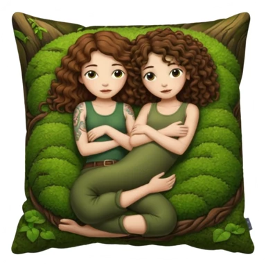 cozy moss bed — long wavy brown hair tattooed woman and short tight curly brown hair woman — curled together on moss pillow sleepy sticker