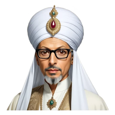 Jeff Goldblum no glasses as a regal portrait dressed as _cinematic-realistic-portrait-of-suleiman-the-magnificent,-depicted-as-a-regal-ottoman-sultan-adorned-with-a-large,-white,-round,-tall-turban-and-a-majestic-grey-beard,-his-commanding-gaze-bathed-in-warm,-historic-lighting-that-exudes-timel sticker
