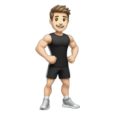 Joyful Celebrating victory Pale skinned Fit Man With the biceps and dark brown hair in black shirt, gray sports shorts and white Sneakers sticker