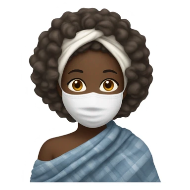 a black girl with curly hair wrapped in a blanket with a cup of tea and a white facial mask on sticker