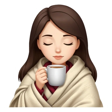 Brunette girl wrapped in cozy blanket sipping hot coffee with eyes closed sticker