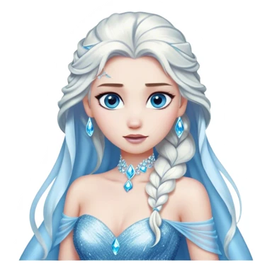 Cinematic Elegant Snow Queen Portrait Emoji, rendered in a realistic, vector-style with minimal shading and bold, simplified shapes. Depict Elsa (chest and above) with icy pale skin, long flowing platinum hair, and piercing blue eyes that exude quiet power, dressed in a shimmering ice-blue gown. The image glows with a soft, frosty radiance and high shine, capturing her ethereal, regal beauty. sticker
