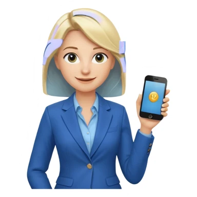 Confident and outgoing female entrepreneur, Caucasian features, shoulder-length blonde hair, big friendly smile, expressive eyes, wearing a blue blazer over a light blue blouse, holding a smartphone in one hand, waist-up, front-facing sticker