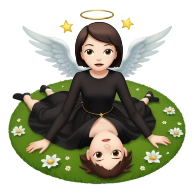 A short-haired brown demon girl lies on the grass, looking up at a flying angel in the sky."
 sticker