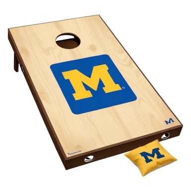 Cornhole board blue and yellow with Michigan “M” With a  cornhole bag sticker