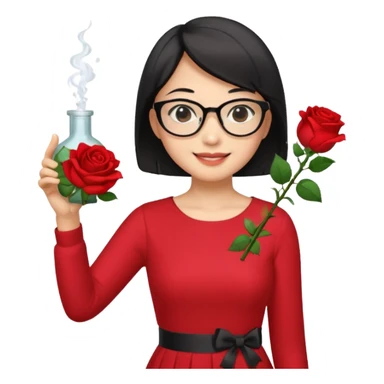 female asian chemistry teacher wearing glasses holdin a flask pointing right with straight short hair to her shoulders wearing a red dress with roses on it and black hair and make the glasses more retangle and make her hold a flash with one hand and with the other point right and make her smile sticker