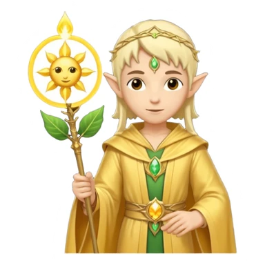 {
      "type": "human",
      "look": "light elf healer, golden robe, staff with leaf and sun motif",
      "description": "a light elf healer wearing a golden robe and holding a staff with leaf and sun symbols"
    } sticker