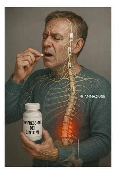 Realistica Man taking pain medication for chronic back pain, pills shown as dimmer switches turning down pain signals in transparent nervous system overlay, underlying spinal damage remaining completely untreated and worsening, expression of temporary relief masking progressive deterioration, medication bottle labeled 'symptom suppression' not 'cure', root cause inflammation continuing to spread in italiano sticker