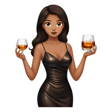 Beautiful woman in 1950’s woman fashion look, black shimmery dress, long dark brown hair, whisky with ice sticker